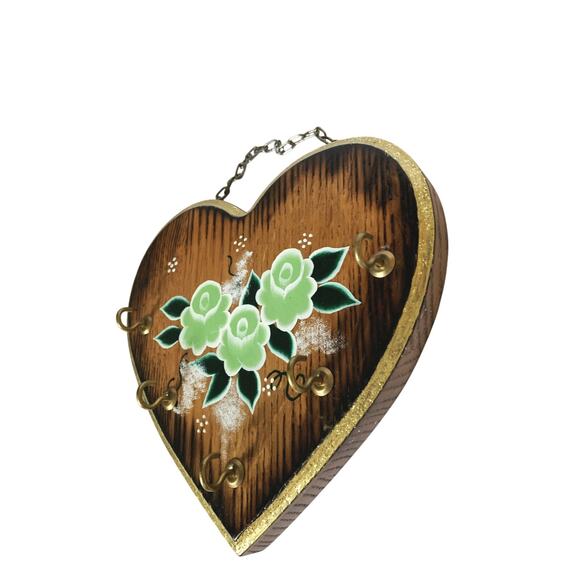 Vintage Wooden Heart Green Roses Key Hook 7" Wide x 6 3/4" High Cottagecore - Picture 2 of 6